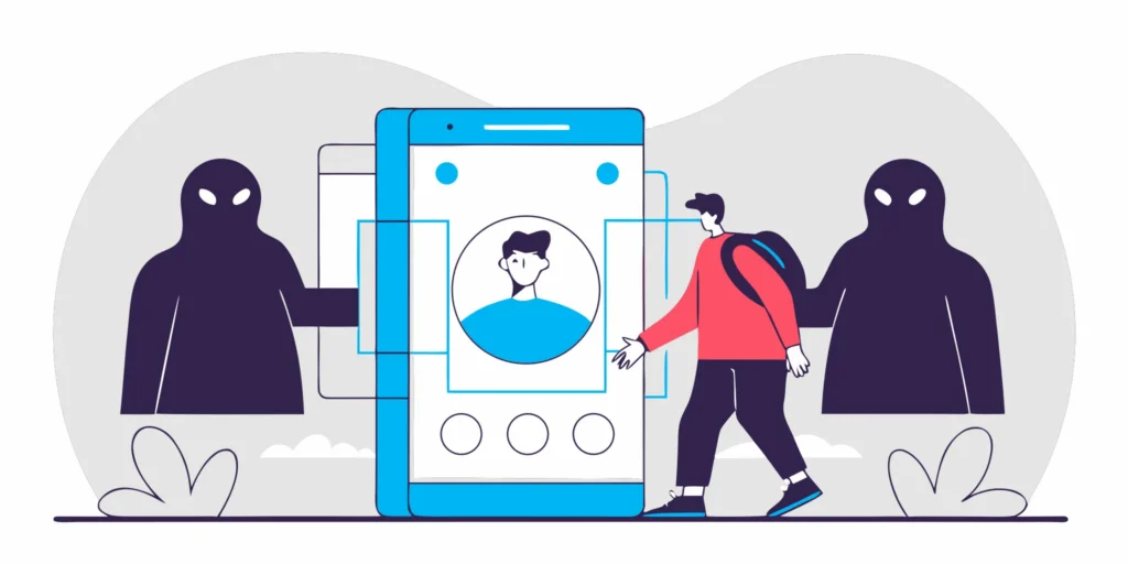 Digital illustration showing facial verification blocking multiple ghost accounts