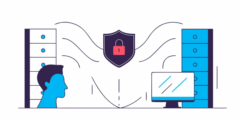 Abstract digital illustration of a human face silhouette merging with a security shield, representing passive face verification for enterprise onboarding