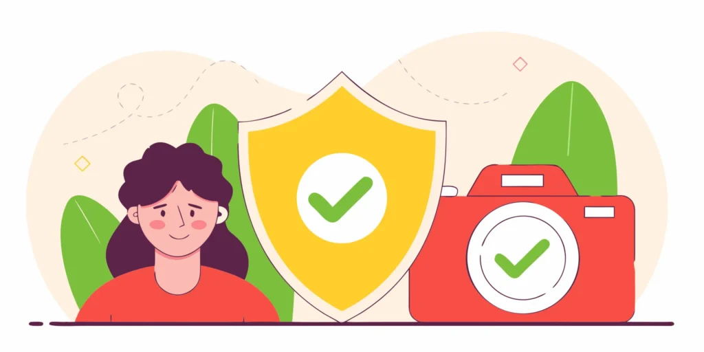 Minimalist illustration of a face verification interface with a shield icon and flowing lines representing frictionless background detection