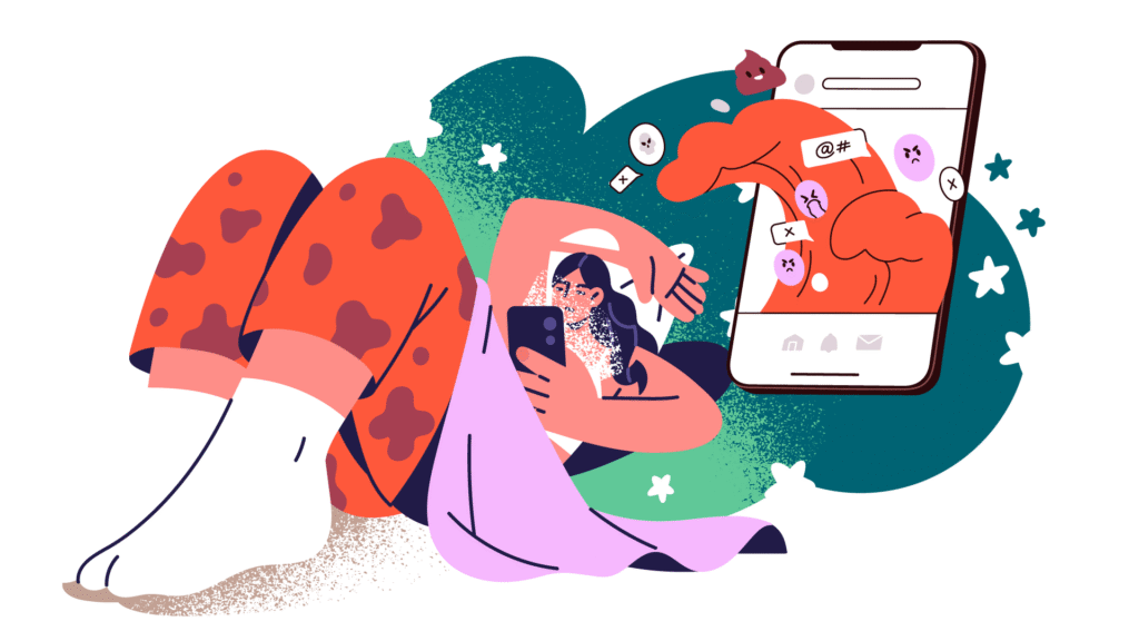 Woman looking at her phone in bed viewing harmful UGC