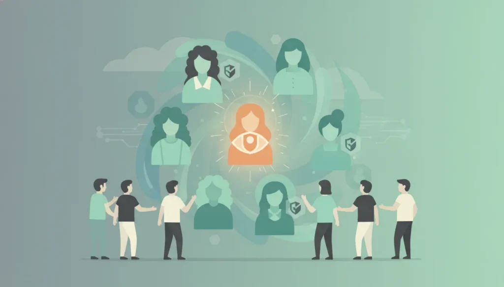 Flat illustration of a trust team detecting celebrity impersonation