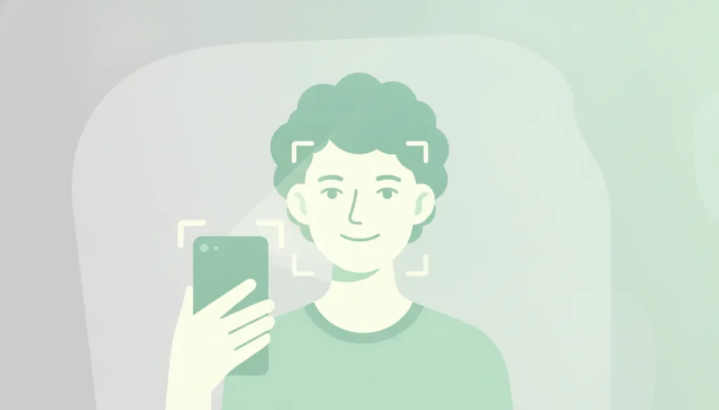 Flat illustration of a person glancing into a phone camera to confirm their identity, with subtle facial-recognition light shapes