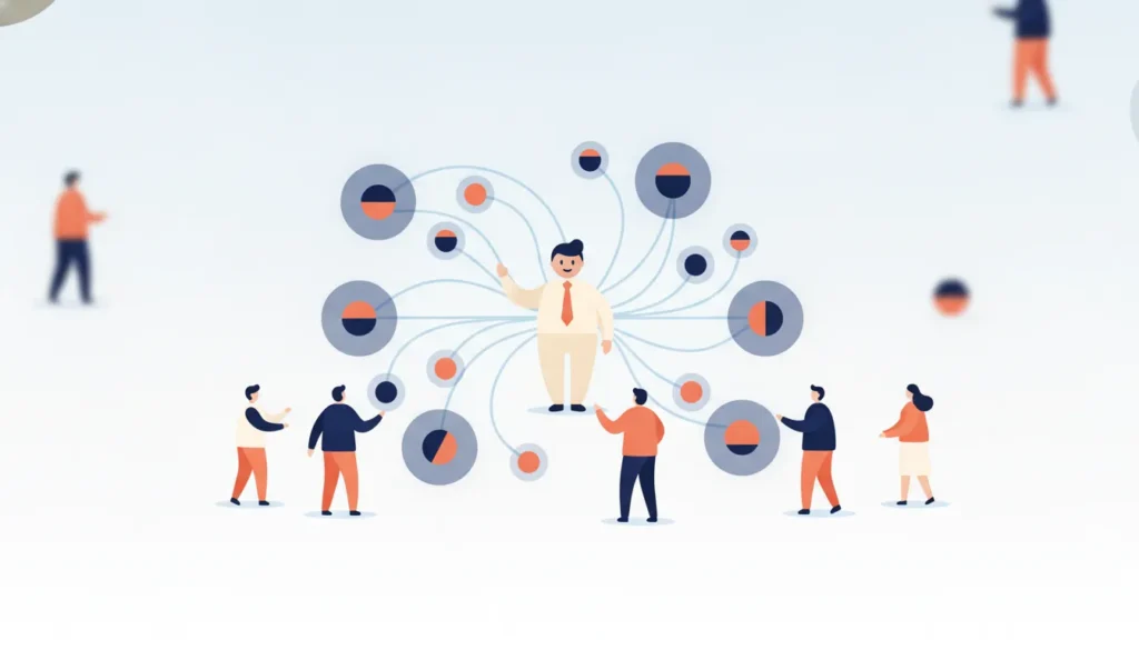 Flat illustration of connected identities representing coordinated fraud rings