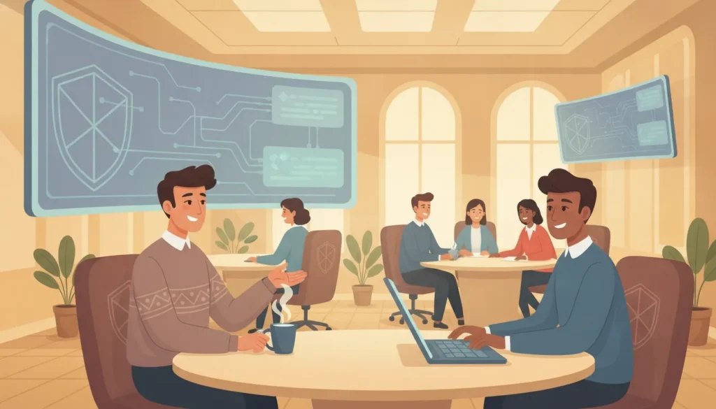 Flat illustration of a security operations team reviewing account activity on large screens