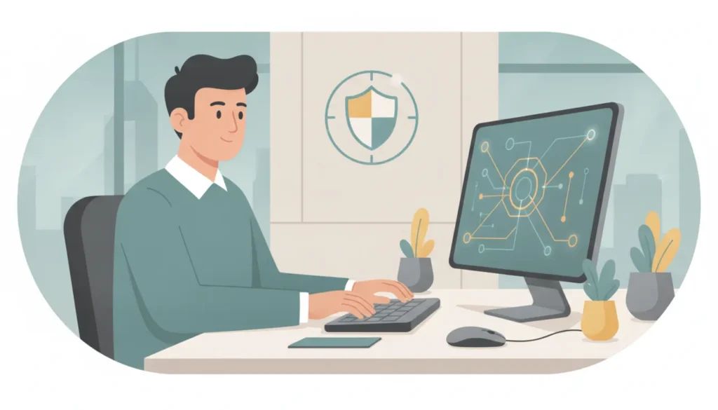 Security analyst at a workstation reviewing login activity, abstract shield on the wall