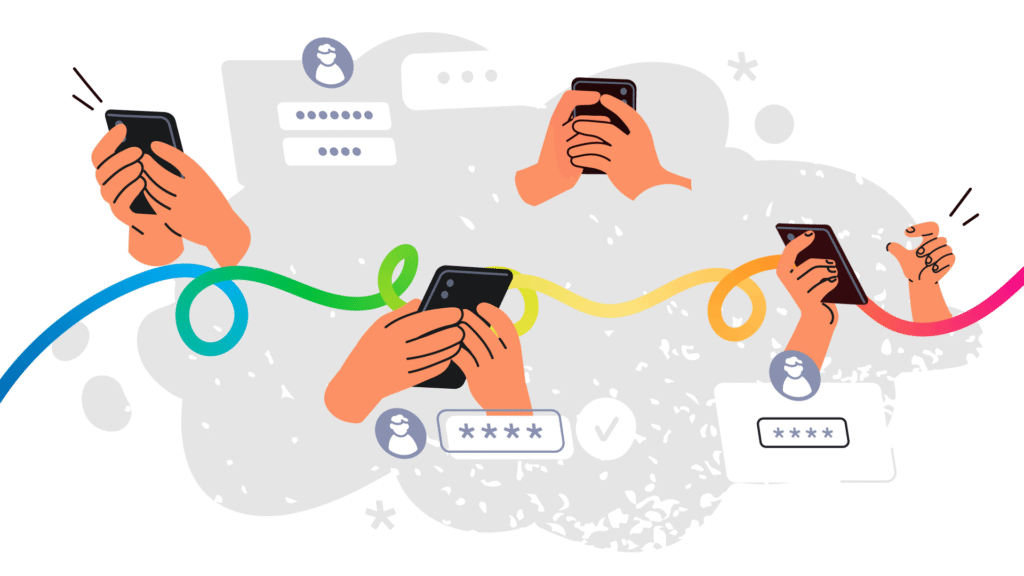 Hands holding devices along an online journey