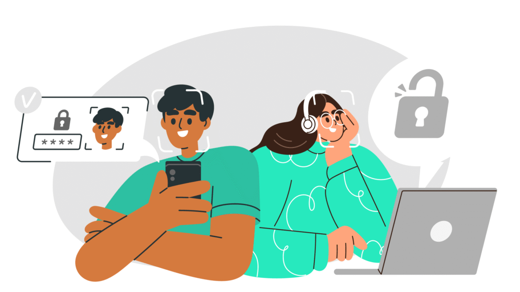 Two people opening their accounts on their devices using their faces
