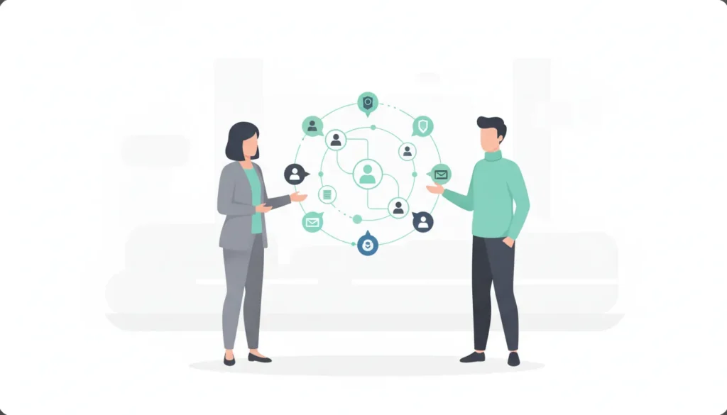 Flat illustration of enterprise colleagues evaluating account integrity signals