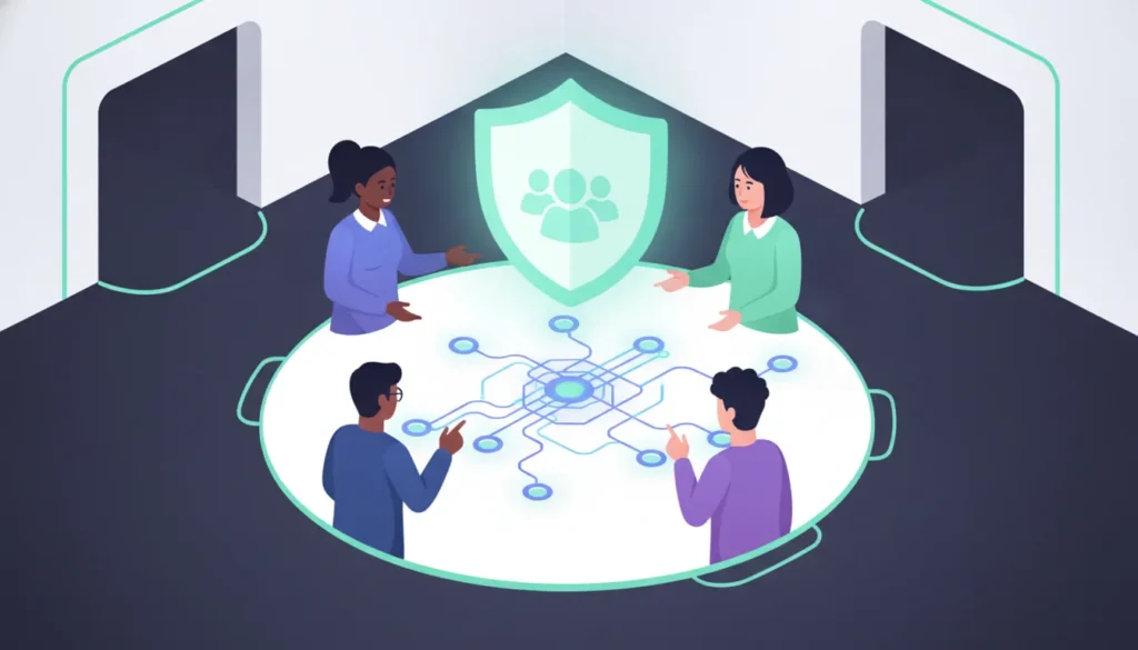 Flat illustration of an enterprise team reviewing a secure identity verification workflow
