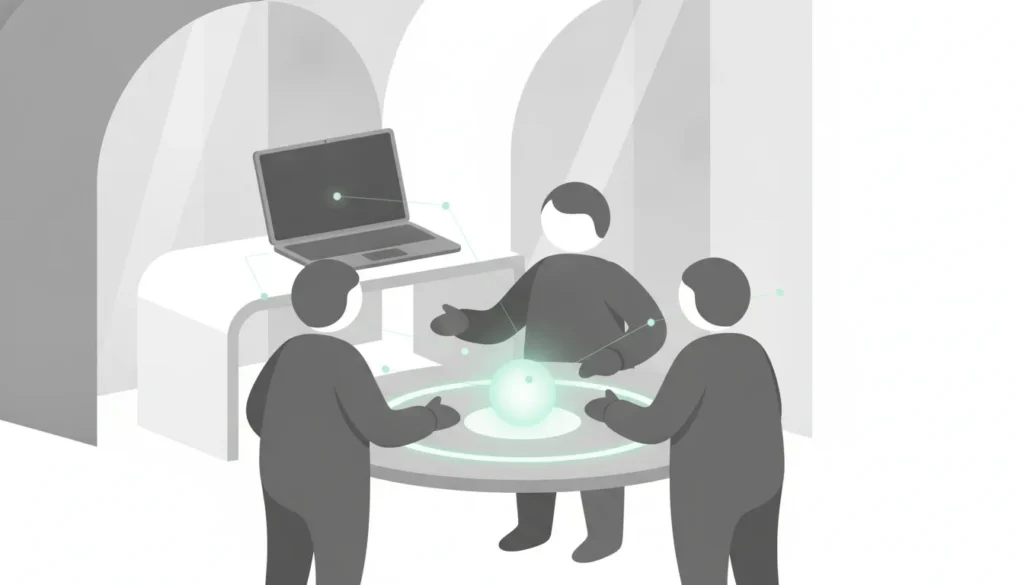 Flat illustration of an enterprise team reviewing a privacy-preserving online exam verification workflow