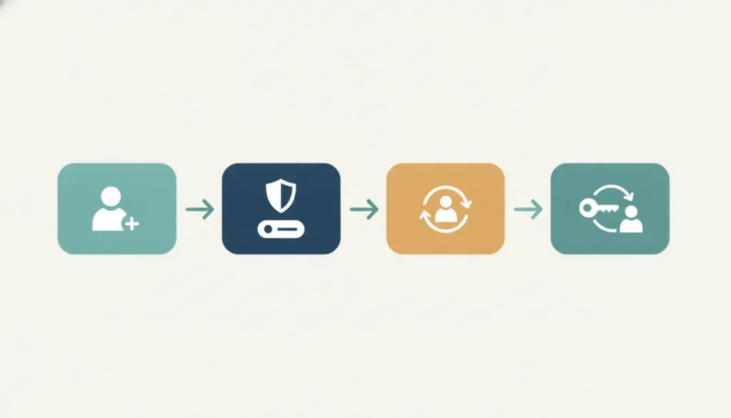 Four-stage account journey: create an account, protect sign-in, recheck a sensitive action, and recover access