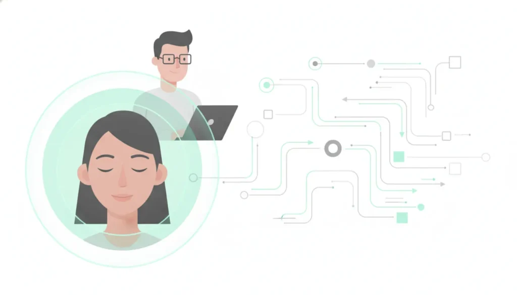 Flat illustration of privacy-preserving age estimation for enterprise identity verification