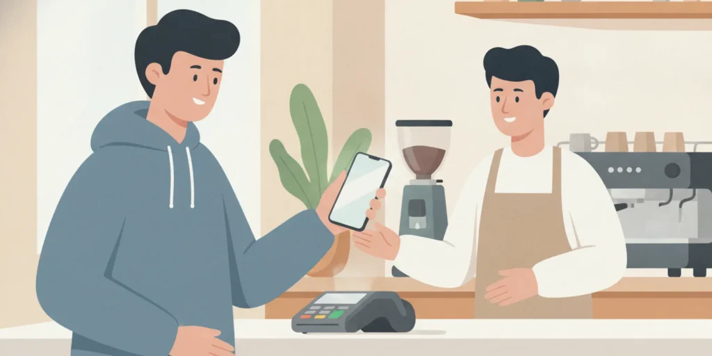 A customer confirming a payment on a phone at a bright cafe counter